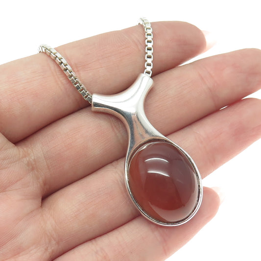 925 Sterling Silver Vintage Real Carnelian Modernist Box Chain Necklace 14-16"