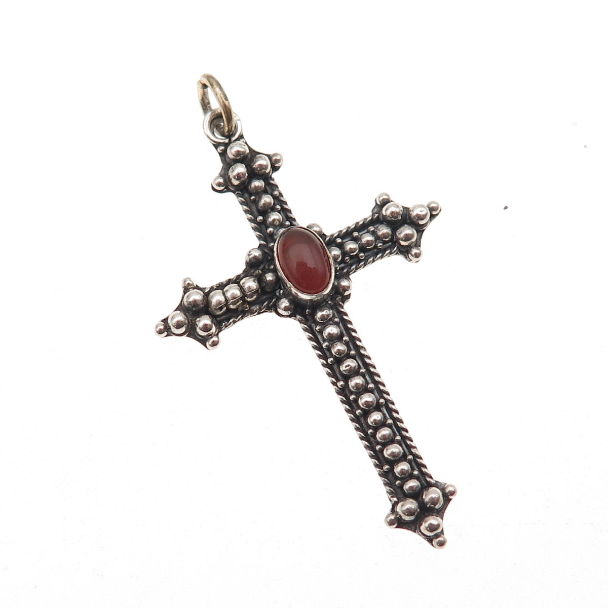 925 Sterling Silver Vintage Real Carnelian Beaded Cross Oxidized Charm Pendant