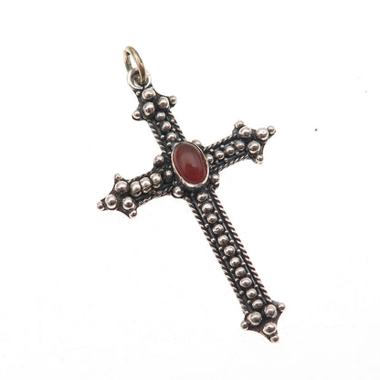 925 Sterling Silver Vintage Real Carnelian Beaded Cross Oxidized Charm Pendant