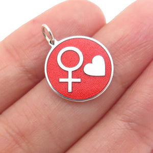 925 Sterling Silver Red Enamel Female Sign & Heart Minimalist Charm Pendant