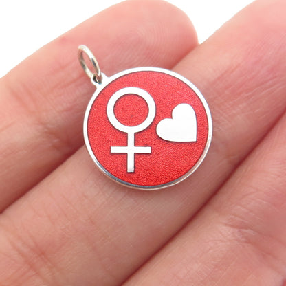 925 Sterling Silver Red Enamel Female Sign & Heart Minimalist Charm Pendant