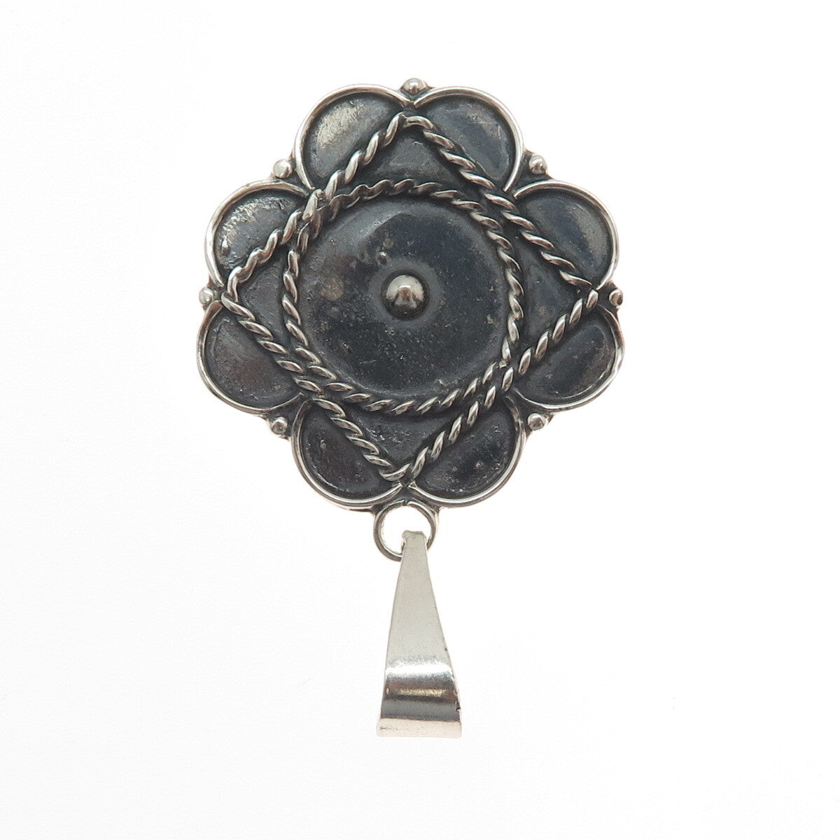 925 Sterling Silver Vintage Mexico Modernist Flower Oxidized Pendant