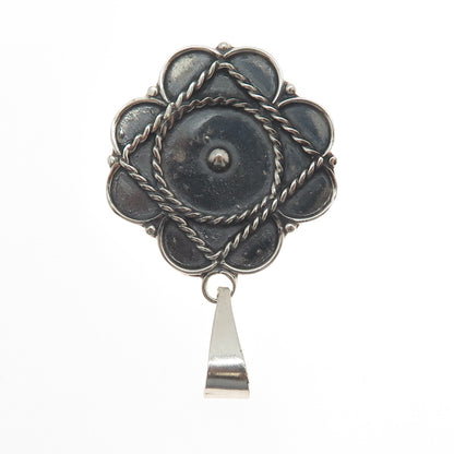 925 Sterling Silver Vintage Mexico Modernist Flower Oxidized Pendant