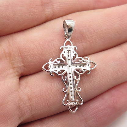 HAN 925 Sterling Silver Real Round-Cut White Diamond Cross Pendant