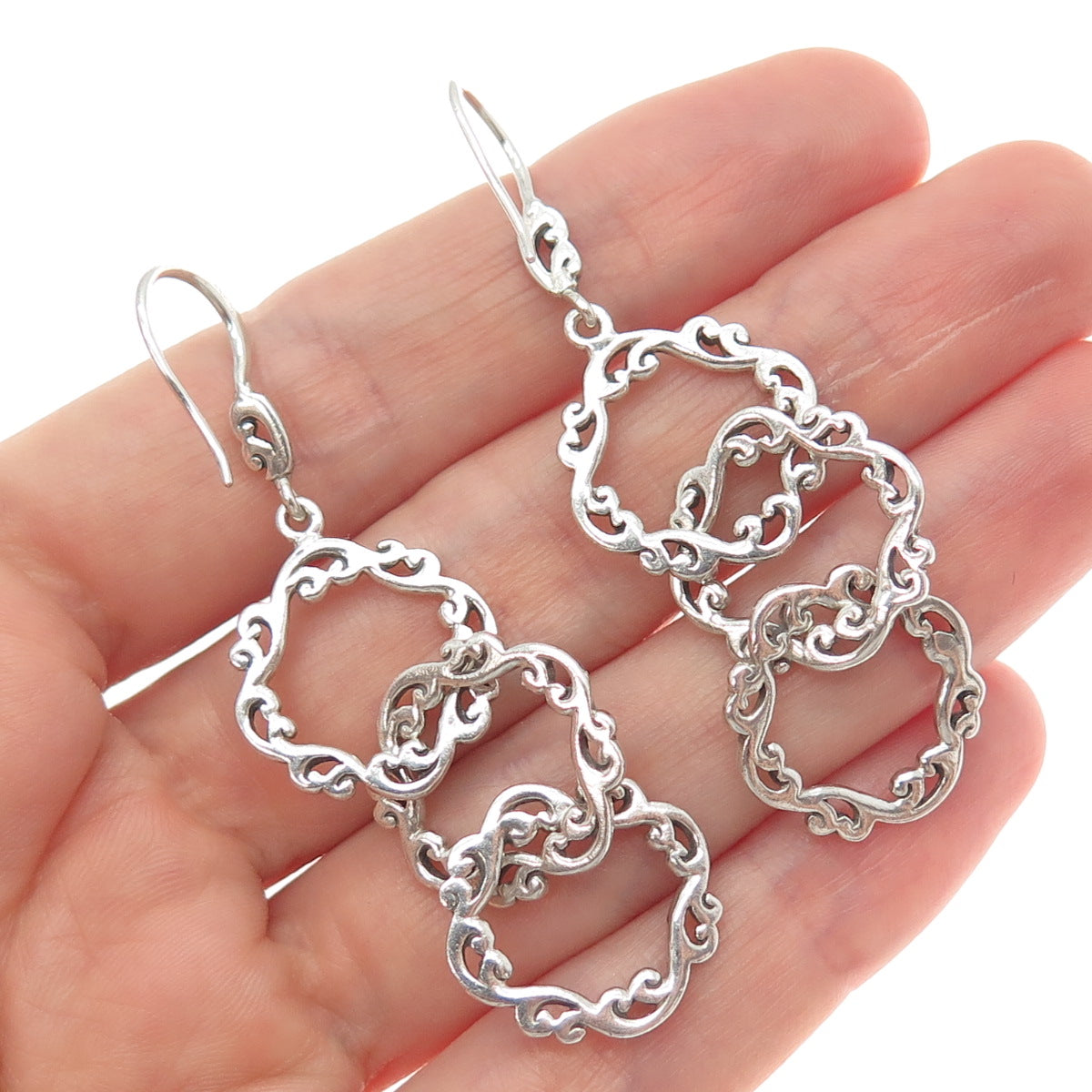 925 Sterling Silver Vintage Floral Scroll Circle Link Dangle Earrings