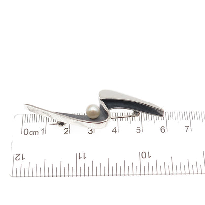 Phyllis Sklar Sterling Silver Vintage Real Pearl Modernist Oxidized Pin Brooch