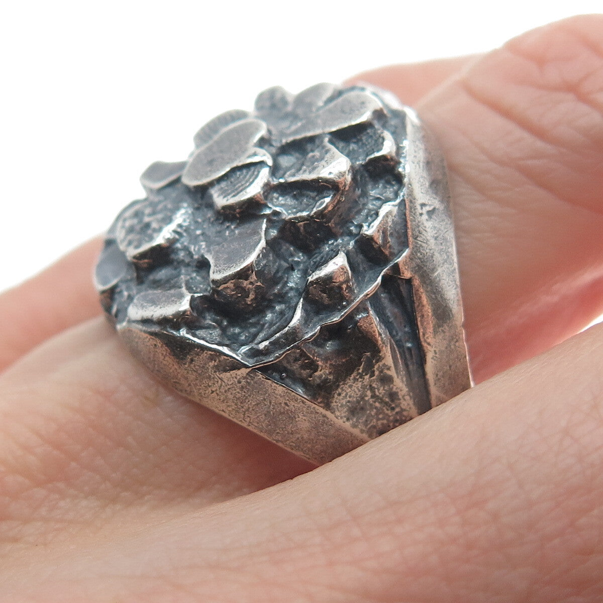 925 Sterling Silver Vintage Modernist Nugget Oxidized Ring Size 11.75