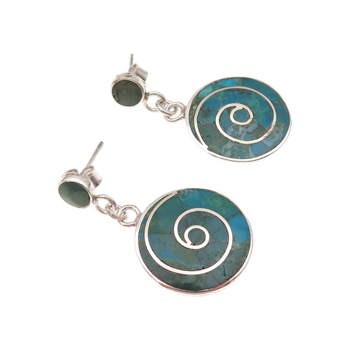 950 Silver Vintage Real Turquoise Spiral Dangle Earrings