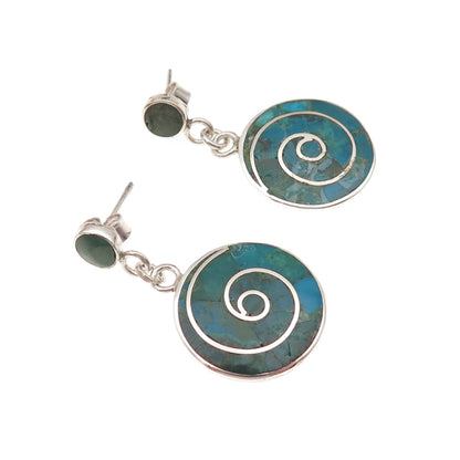 950 Silver Vintage Real Turquoise Spiral Dangle Earrings