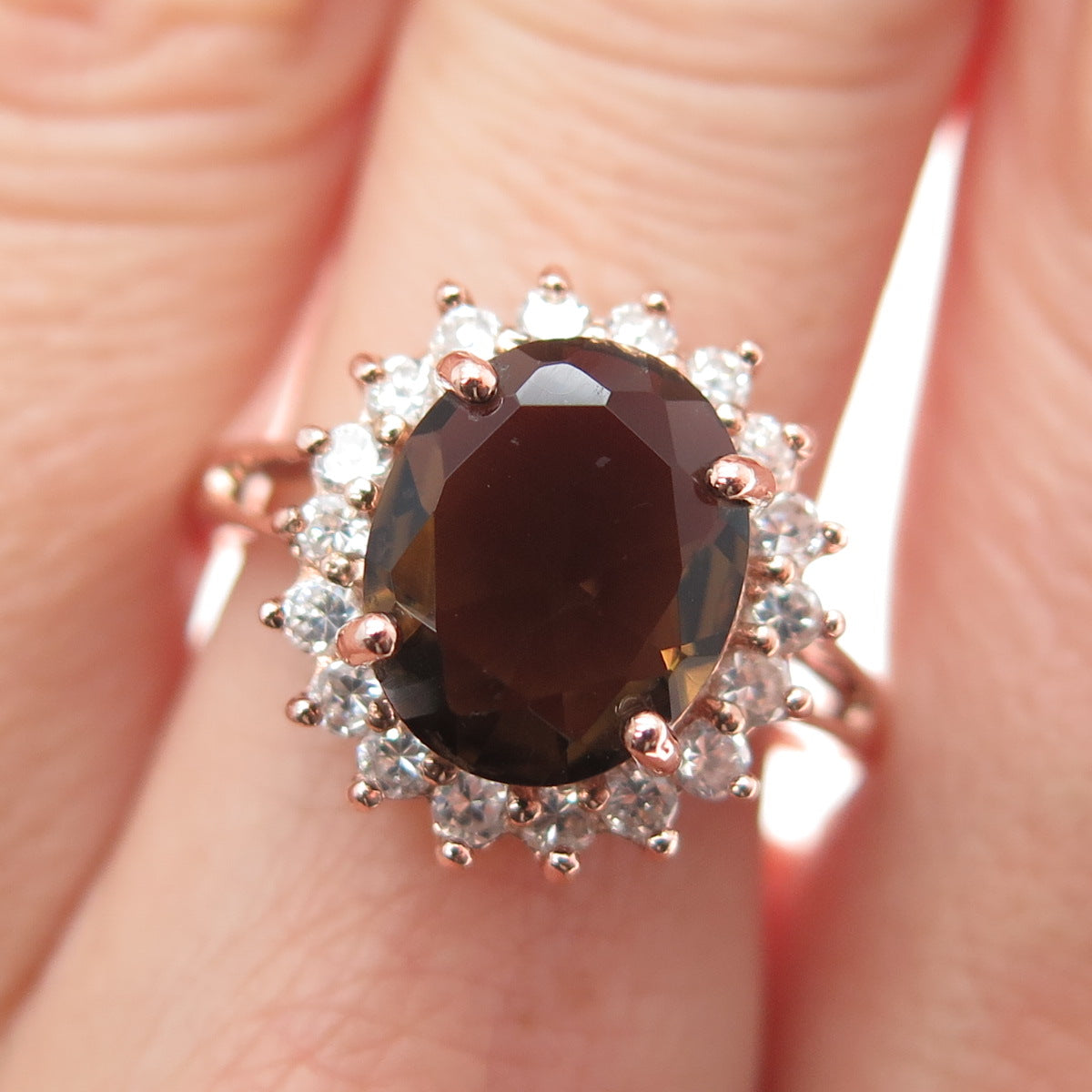 925 Sterling Silver Rose Gold Plated Real Smoky Quartz & C Z Ring Size 8.25