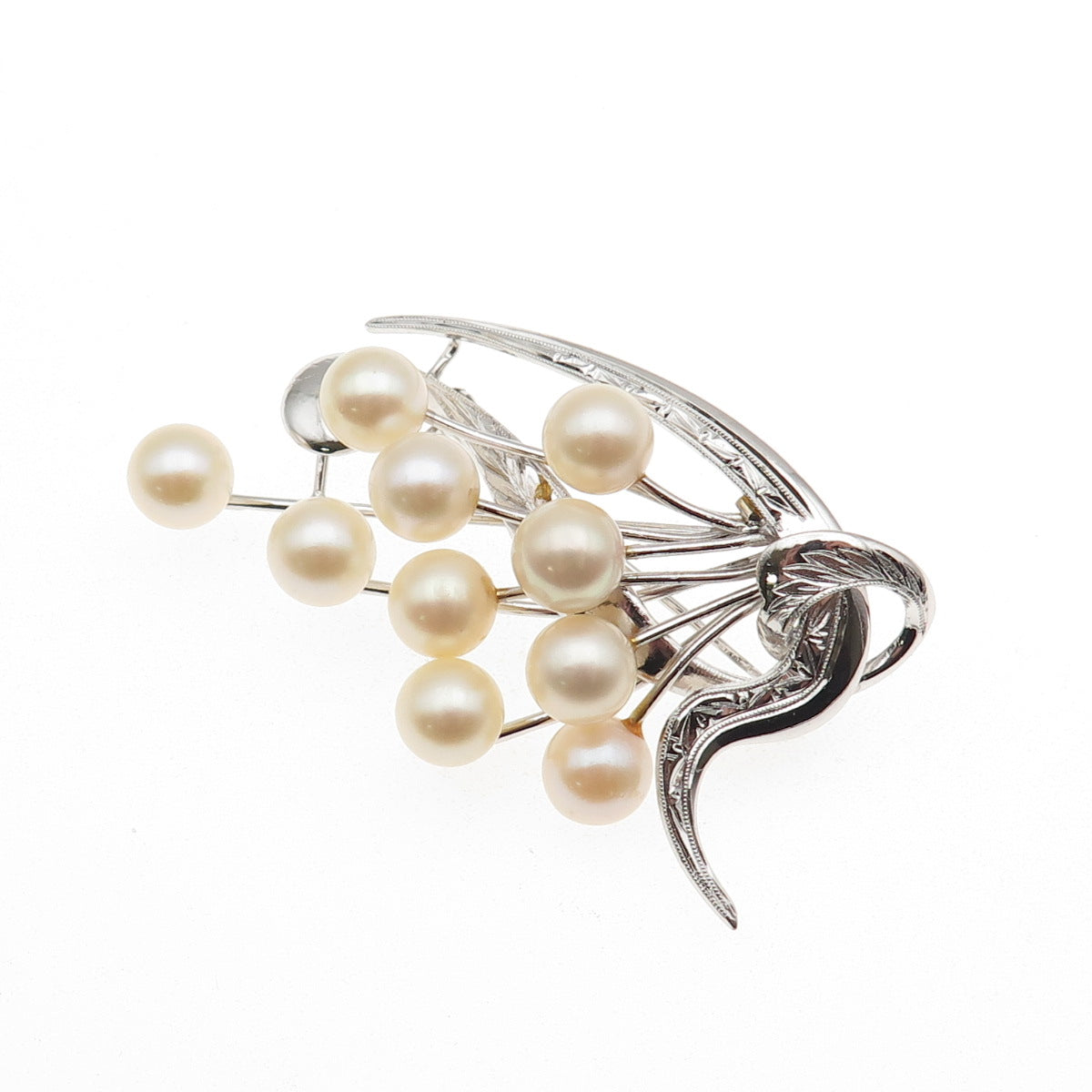 925 Sterling Silver Antique Japan Real Akoya Pearl Floral Pin Brooch