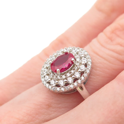 925 Sterling Silver Vintage Lab-Created Ruby & C Z Bohemian Ring Size 6