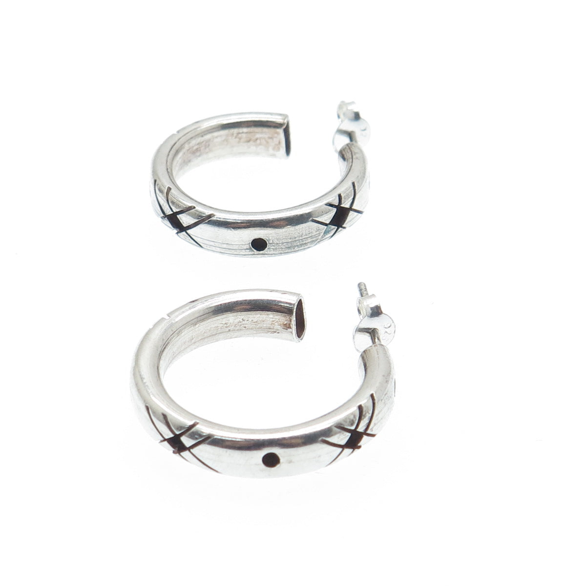 925 Sterling Silver Vintage Modernist Oxidized Hoop Earrings