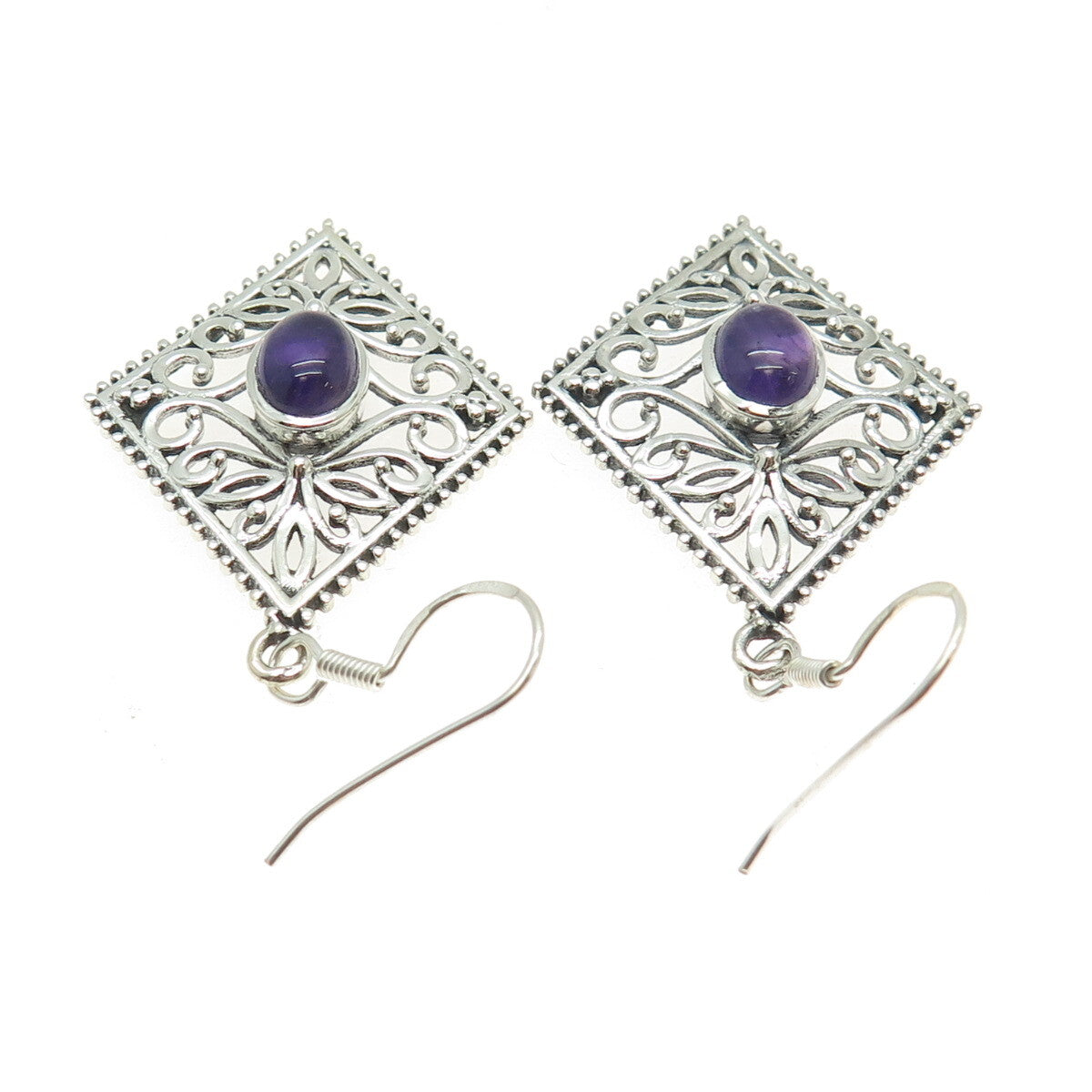 925 Sterling Silver Vintage Real Amethyst Flower Oxidized Dangle Earrings