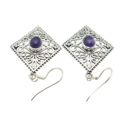 925 Sterling Silver Vintage Real Amethyst Flower Oxidized Dangle Earrings