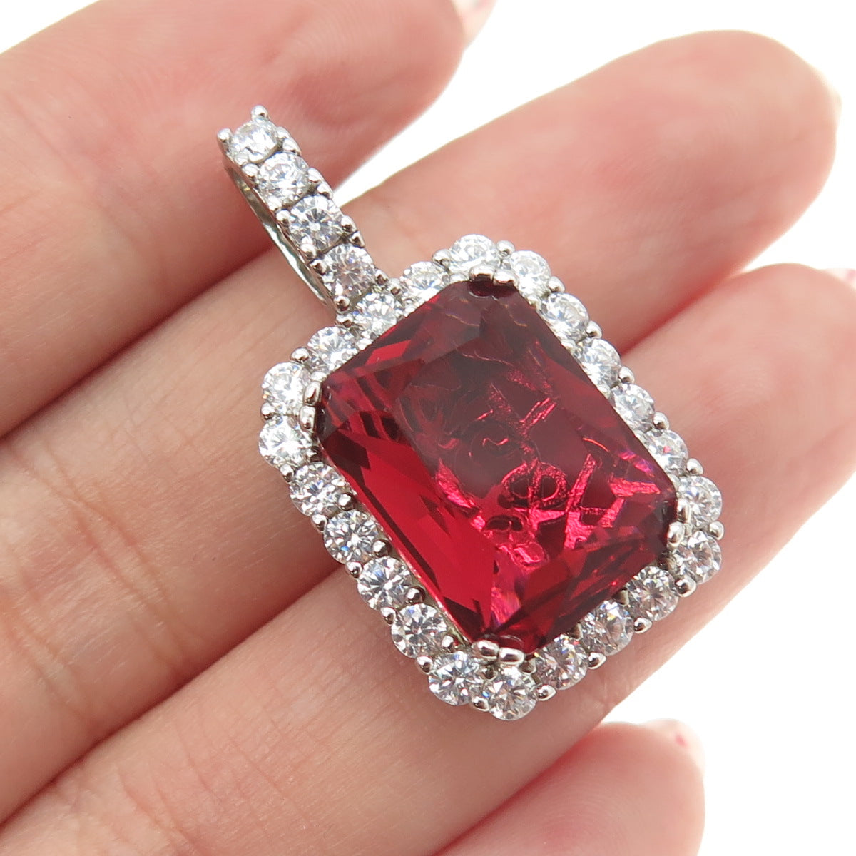 925 Sterling Silver Radiant-Cut Red Glass & Round-Cut C Z Pendant