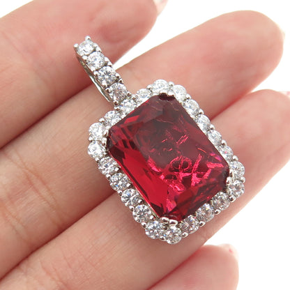 925 Sterling Silver Radiant-Cut Red Glass & Round-Cut C Z Pendant