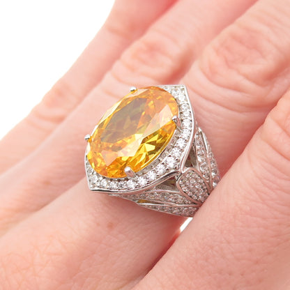 925 Sterling Silver Oval-Cut Canary & Round-Cut White C Z Ring Size 7