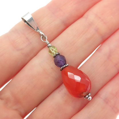 925 Sterling Silver Vintage Real Agate Amethyst & Peridot Charm Pendant