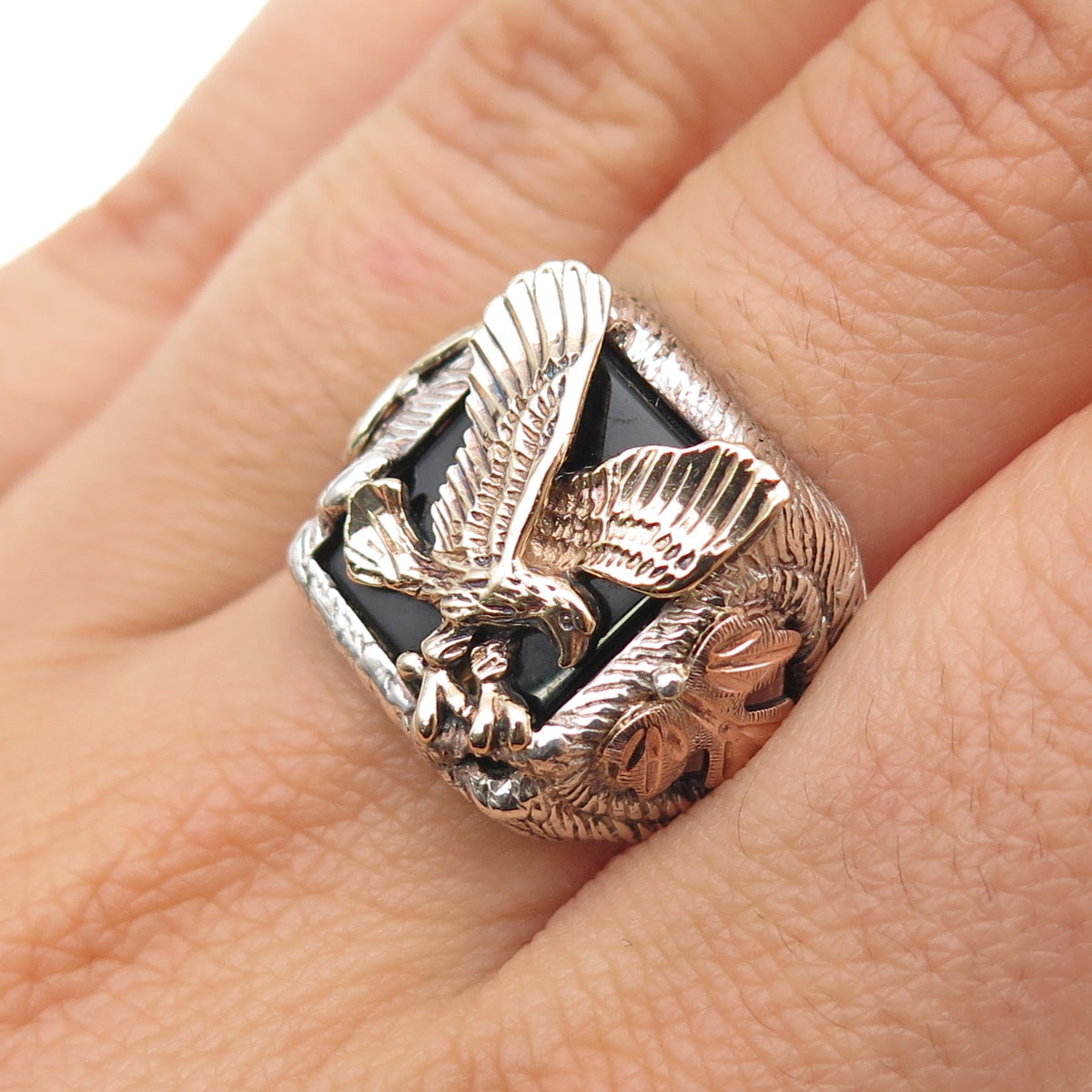 925 Sterling Silver 10K Yellow & Rose Gold Vintage Black Onyx Eagle Ring Size 10