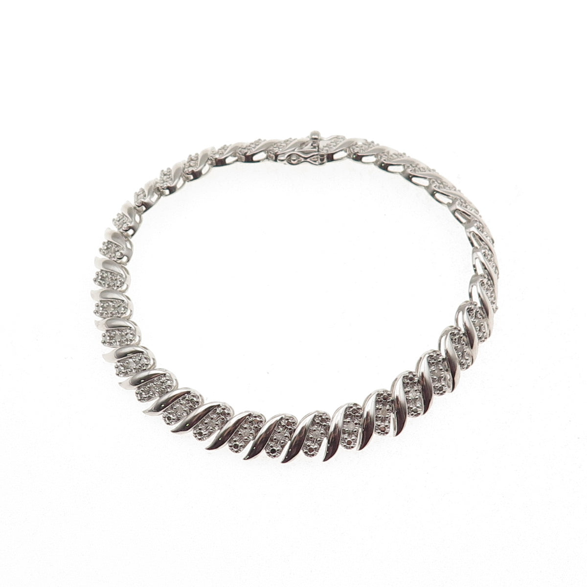 925 Sterling Silver Real Round-Cut Diamond Ribbed Link Bracelet 7.25"
