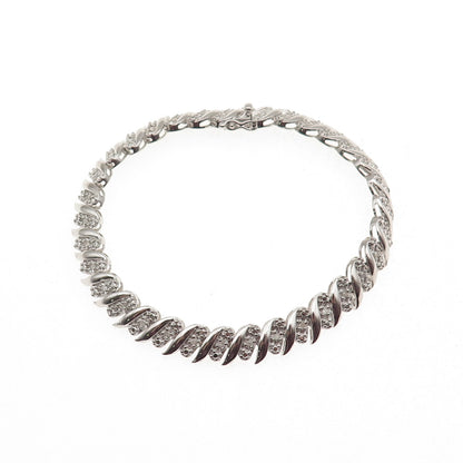 925 Sterling Silver Real Round-Cut Diamond Ribbed Link Bracelet 7.25"