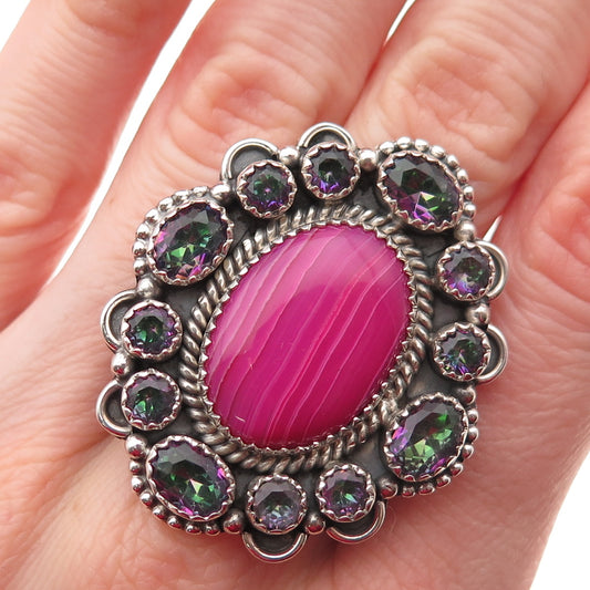 925 Sterling Vintage Real Pink Agate & Mystic Quartz Statement Ring Size 8.25