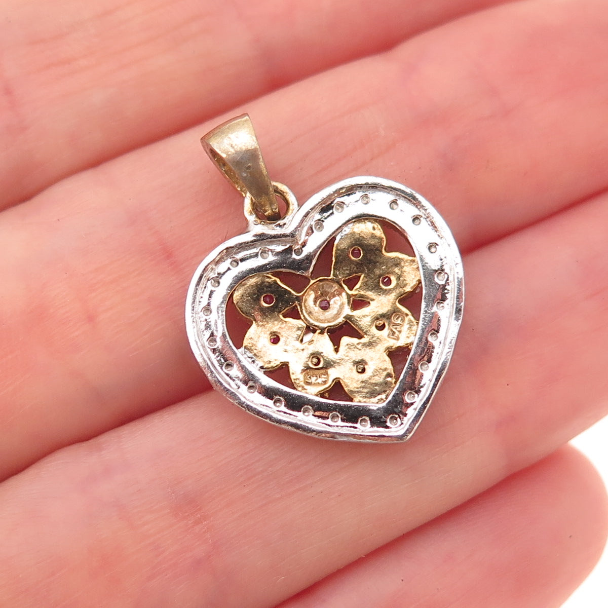 925 Sterling Silver 2-Tone Real Diamond Accent & Ruby Heart Charm Pendant
