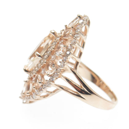 DSMK 925 Sterling Silver Gold Plated Morganite Gem C Z Statement Ring Size 7.25