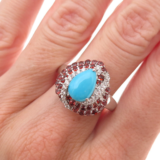Chuck Clemency Sterling Silver Real Turquoise Red Garnet White Topaz Ring Size 8