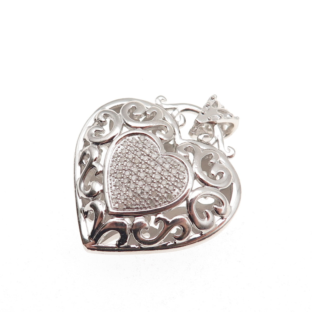 925 Sterling Silver Real Round-Cut Diamond Heart Ornate Charm Pendant