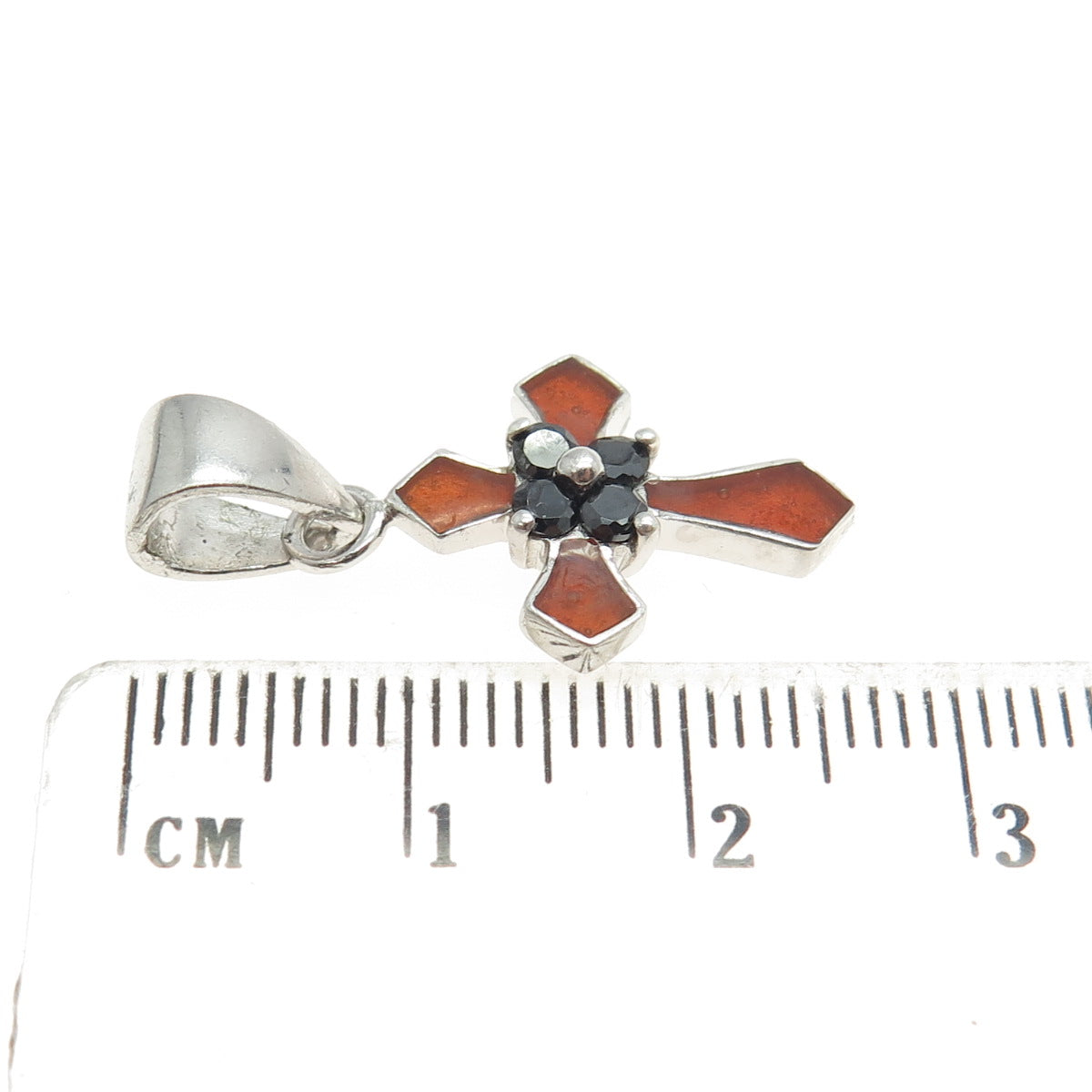 925 Sterling Silver Vintage Enamel Real Black Spinel Cross Pendant