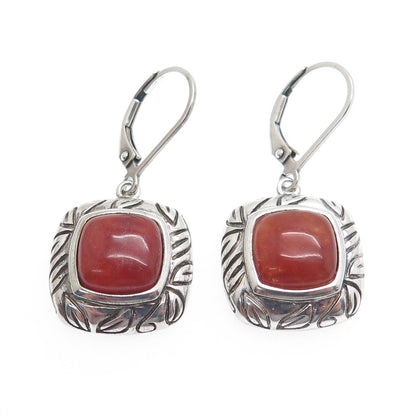 ROSS SIMONS 925 Sterling Silver Vintage Real Red Jade Cushion Dangle Earrings