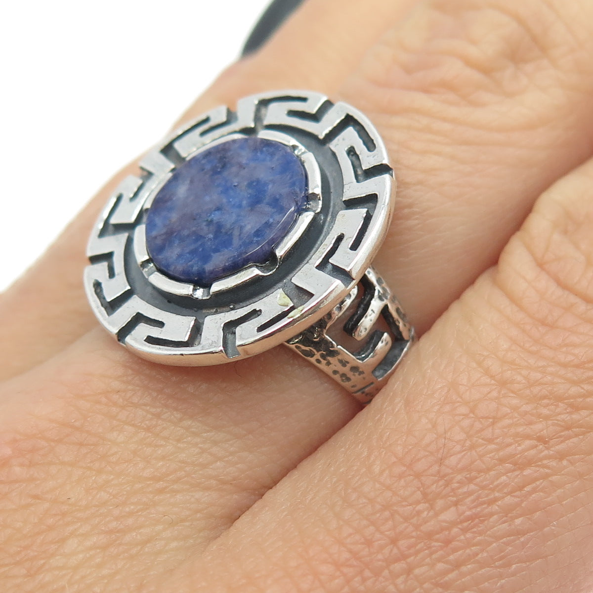 925 Sterling Silver Vintage Real Sodalite Gemstone Greek Maze Ring Size 7.5