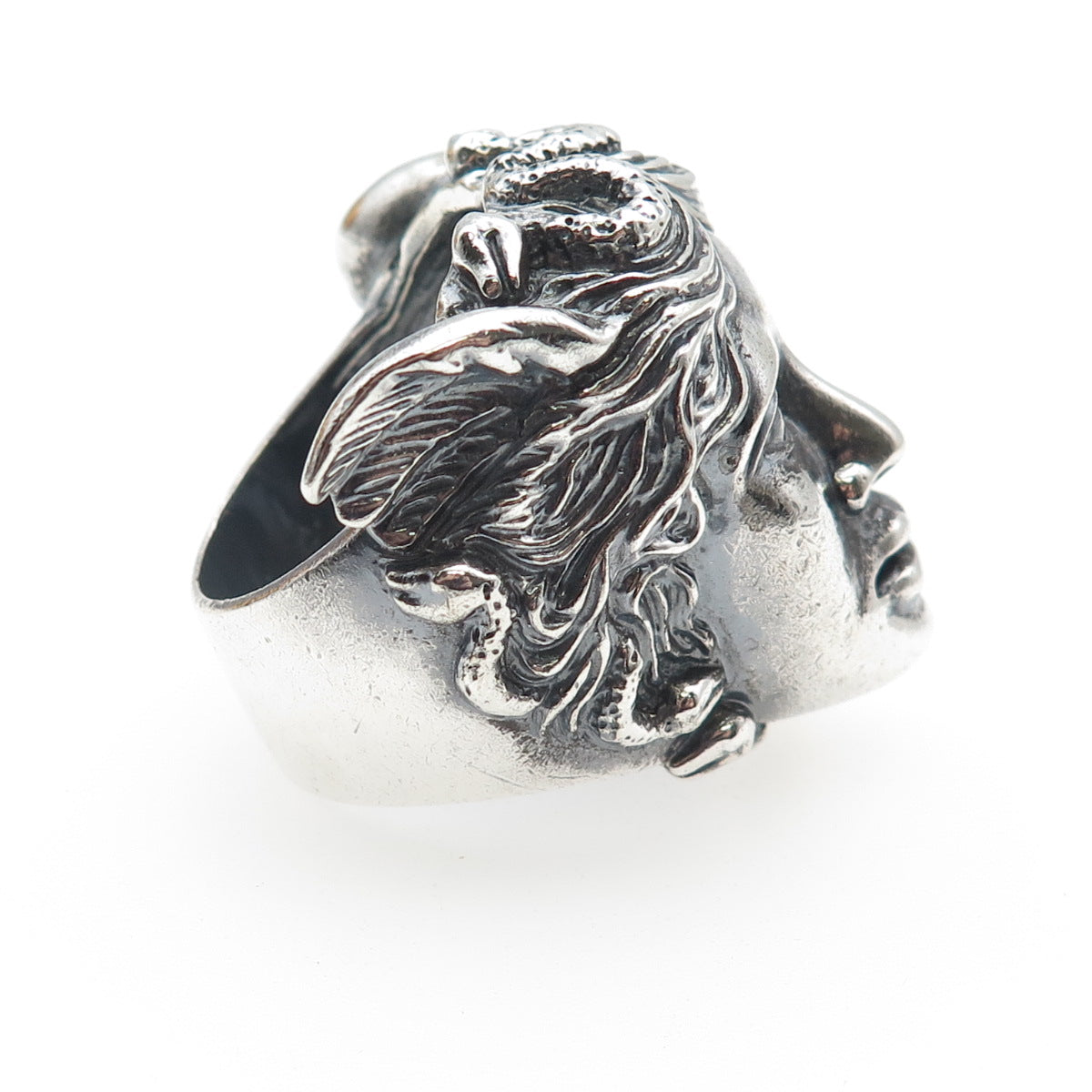925 Sterling Silver Vintage Medusa Oxidized Statement Ring Size 10.25