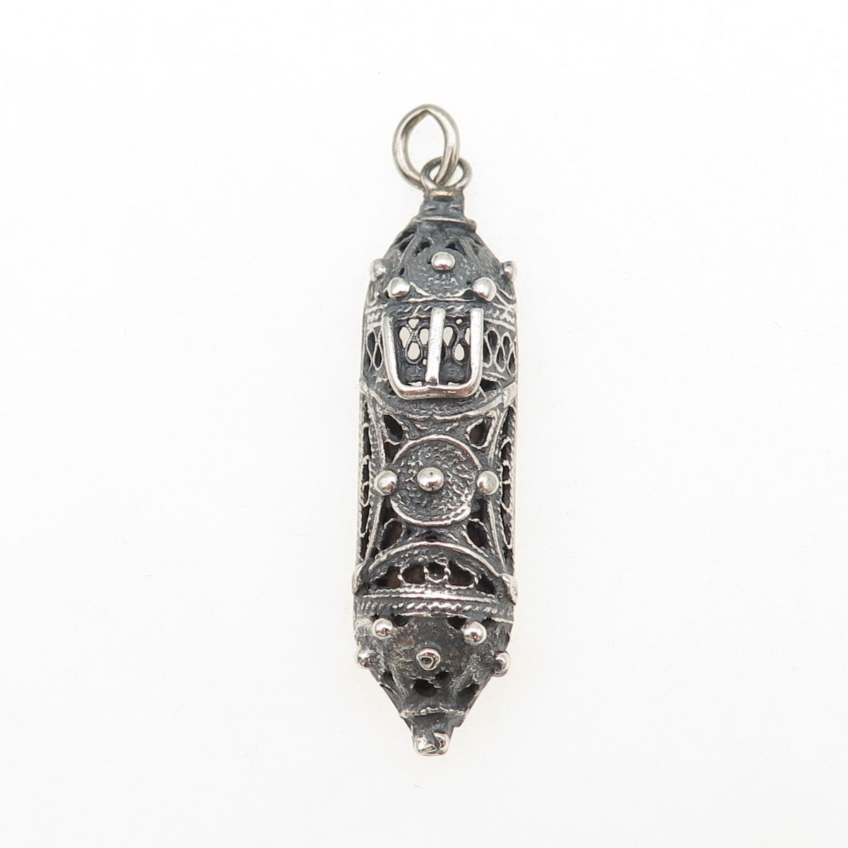 925 Sterling Silver Vintage Israel Mezuzah Filigree Oxidized Charm Pendant