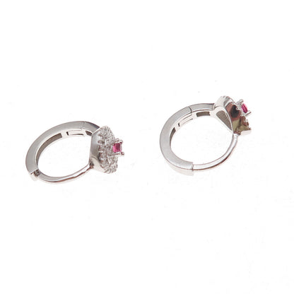 925 Sterling Silver Pink & White C Z Hoop Earrings