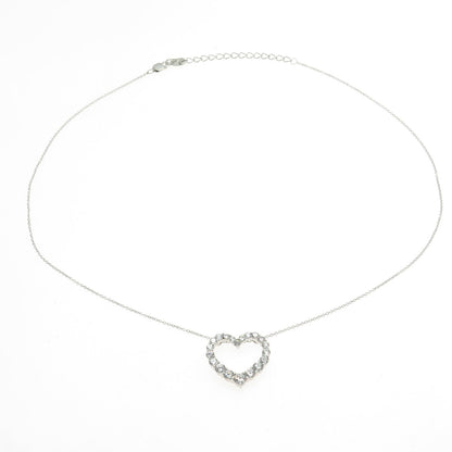 925 Sterling Silver Round-Cut Shaped C Z Open Heart Rolo Chain Necklace 16-18"