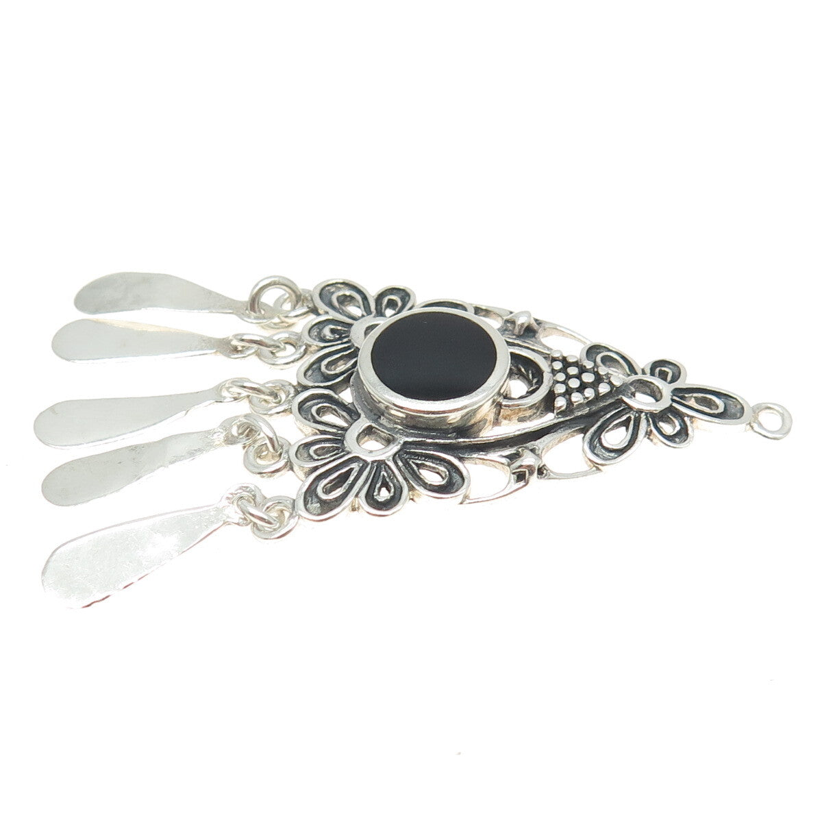 925 Sterling Silver Vintage Real Black Onyx Gemstone Floral Boho Pendant
