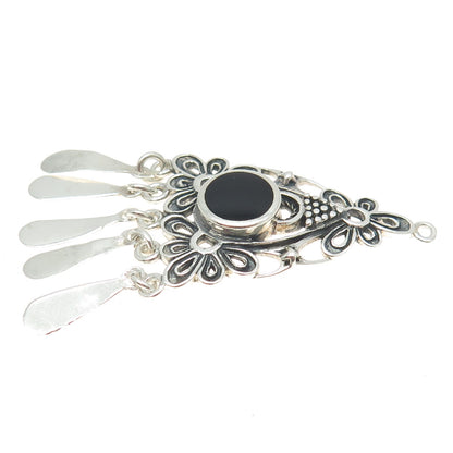 925 Sterling Silver Vintage Real Black Onyx Gemstone Floral Boho Pendant