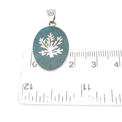 925 Sterling Silver Vintage Mexico Real Turquoise Inlay Cannabis Leaf Pendant
