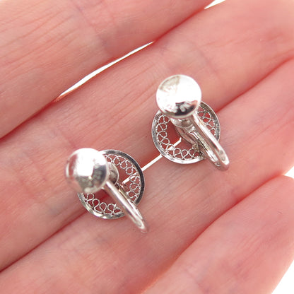 925 Sterling Silver Antique Art Deco Rhinestone Filigree Screw Back Earrings