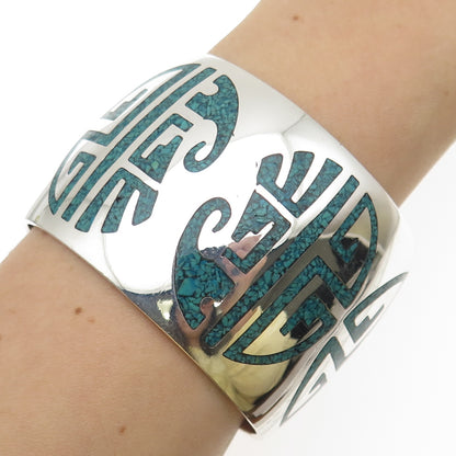 Old Pawn 925 Sterling Silver Vintage Turquoise Inlay Adjustable Wide Bracelet 7"
