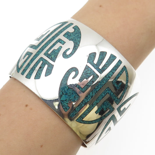 Old Pawn 925 Sterling Silver Vintage Turquoise Inlay Adjustable Wide Bracelet 7"