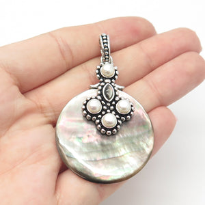 925 Sterling Silver Vintage Real Pearl & Mother-of-Pearl Amulet Pendant