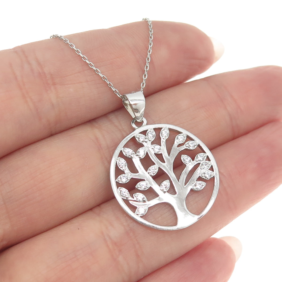 925 Sterling Silver C Z Tree of Life Cable Chain Necklace 18"