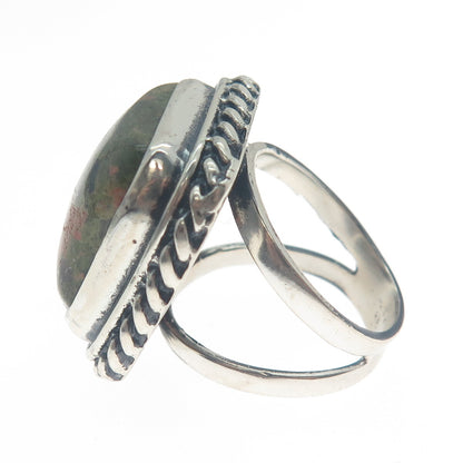 925 Sterling Silver Vintage Real Unakite Twisted Bezel Oxidized Ring Size 8