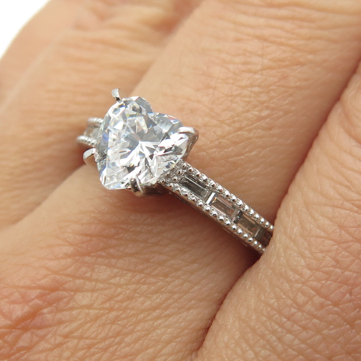 925 Sterling Silver Heart & Baguette-Cut C Z Promise Ring Size 8