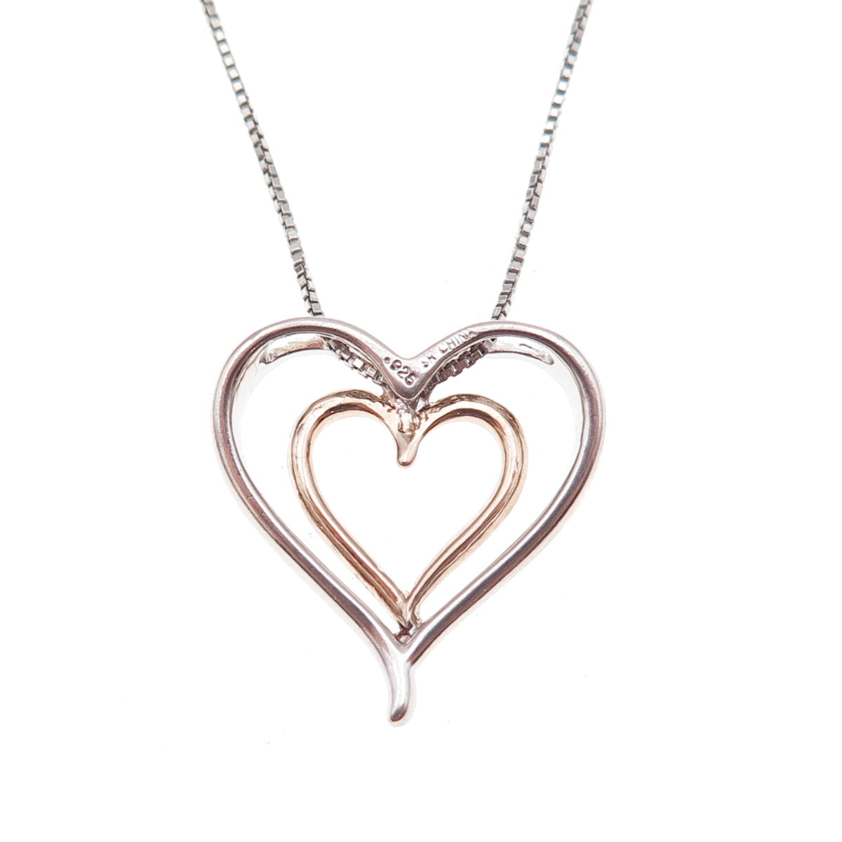 925 Sterling Silver 2-Tone Real Diamond Double Heart Box Chain Necklace 18"