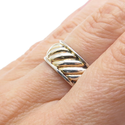 925 Sterling Silver 2-Tone Vintage Modernist Ribbed Band Ring Size 7.25